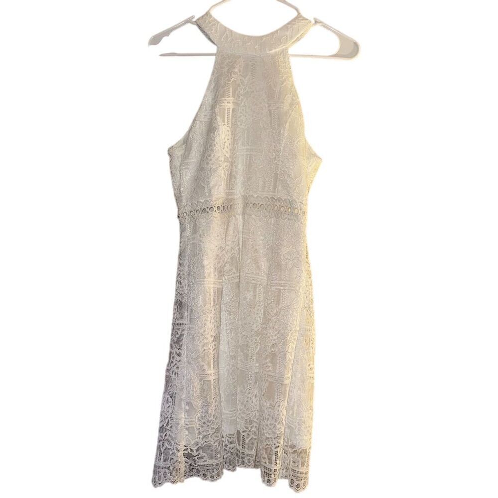 Francesca's White Floral Lace Halter Mini Dress XS Crochet Waist Trim Sleeveless